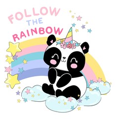 Hand drawn Cute baby Panda unicorn and rainbow vector illustration, Childish print summer