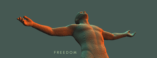 Man spread his arms in different directions. Men enjoying the freedom. Victory. Voxel art. 3D vector illustration.