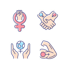 Girl power RGB color icons set. Leadership in movement. Equitable relationships. Feminism support. Mentally strong women. Isolated vector illustrations. Simple filled line drawings collection