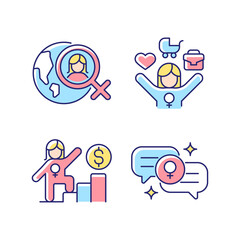Mainstream feminism RGB color icons set. Women rights movement across globe. Full-time working mom. Career ladder. Female bonding. Isolated vector illustrations. Simple filled line drawings collection