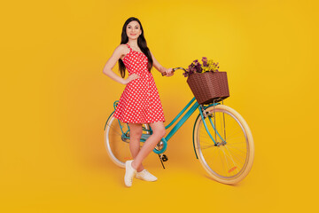 Portrait of gorgeous stunning lady with bike deliver flowers wear dotted red mini dress on yellow background