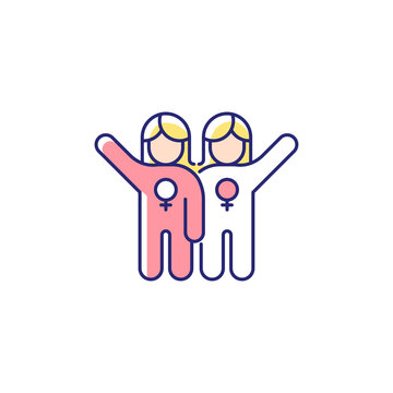 Female friendship RGB color icon. Sisterhood. Girl power. Like minded women cooperation. Non-romantic relationships. Supporting each other. Isolated vector illustration. Simple filled line drawing