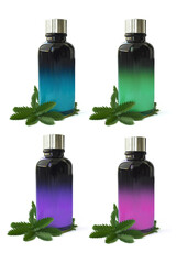 beautiful multicolored cosmetic bottles (blue, green, pink, purple) with a branch of leaves on an isolated white background. health and beauty product, face and body care. packaging for lotion, tonic
