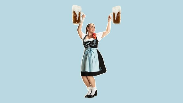Stop motion design or art animation. The young happy sexy woman wearing a Bavarian dirndl with lot of beer mugs over color traditional background. The celebration, oktoberfest, festival, party concept