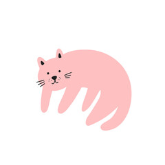 Funny pink cat is lying. Adorable sweet kitty pet. Flat vector illustration isolated on white background.