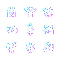 Fototapeta premium Feminist movement gradient linear vector icons set. Gender parity. Female friendship. Supportive sisterhood. Woman power. Thin line contour symbols bundle. Isolated outline illustrations collection