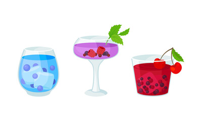 Bright Exotic Cocktail in Glass as Tropical Refreshing Drink Vector Set