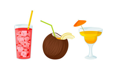 Bright Exotic Cocktail in Glass as Tropical Refreshing Drink Vector Set