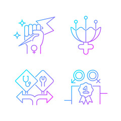 Fototapeta na wymiar Women empowerment gradient linear vector icons set. Female authority. Femininity attribute. Career option for girls. Thin line contour symbols bundle. Isolated outline illustrations collection