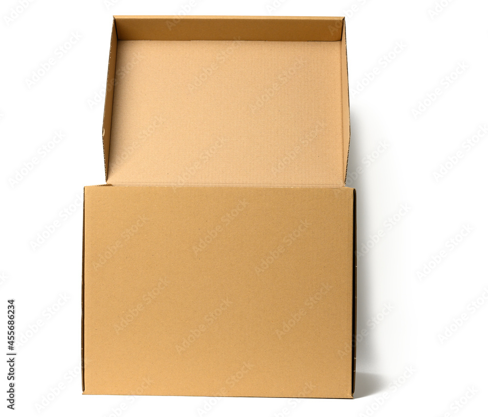 Poster open brown corrugated paper box with lid for documents on a white background. container for moving