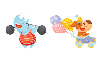 Circus Hippo and Dog Animal Lifting Barbell and Driving Toy Car Performing Trick Vector Set