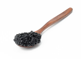 fresh grainy black paddlefish caviar in brown wooden spoon on white background