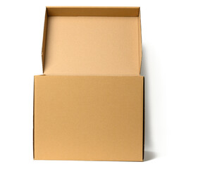 open brown corrugated paper box with lid for documents on a white background. Container for moving