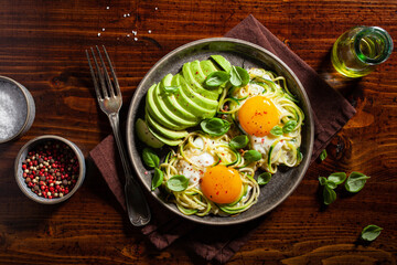 keto low carb breakfast baked spiralized zucchini with eggs and avocado