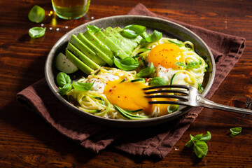 keto low carb breakfast baked spiralized zucchini with eggs and avocado
