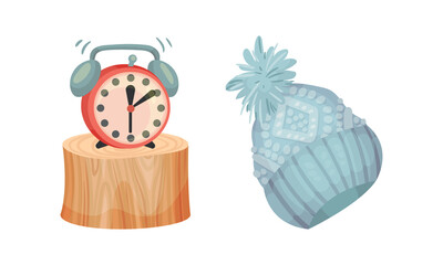 Warm Knitted Hat Wear and Alarm Clock as Hygge and Coziness and Comfortable Symbol Vector Set