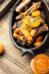 Veal steak fried with apricots
