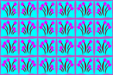Purple bouquet in cute seamless grid on light blue background for fashion fabric and floral wallpaper.