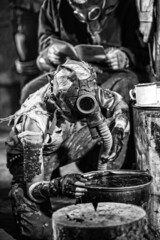 Mutant in gas mask and bucket of blood. Last to embroider after the nuclear apocalypse