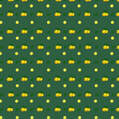 FLORAL SEAMLESS PATTERN WITH WHOLE LEMONS, LEMON SLICE AND LEAVES ON A GREEN BACKGROUND. LEMON PATTERN