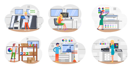 Printing house polygraphy industry composition. Print and polygraphy industry concept. Printing house production process with workers flowchart plotter, printer offset machine working. Print equipment