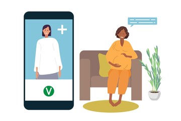 Online psychotherapy. Doctor advises pregnant woman by phone. Smiling pregnant African-American woman sits on chair at home. Emotions during pregnancy. Mental health care concept Vector illustration