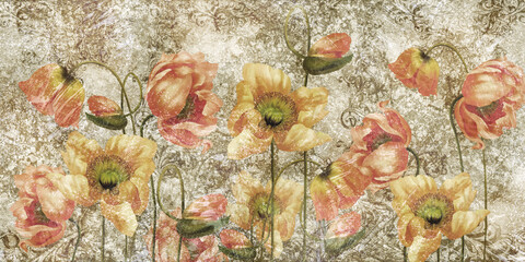 Fototapety  Poppies with monograms on a textured background, art drawn poppies, wall murals in room or home interior
