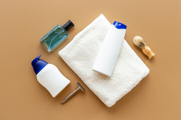 Flat lay of male cosmetic products for men body care grooming and shaving