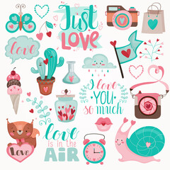 Set of cute vector illustrations about love: characters, letterings and decorative elements in a childish cartoon hand-drawn style for design, print and advertising.