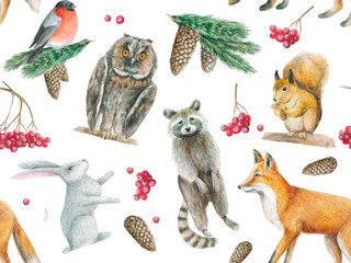 Seamless pattern with forest animals. Plants - cones, spruce branches, mountain ash. Watercolor illustrations of the inhabitants of the forest. Drawings of nature and animals. Print for fabric.