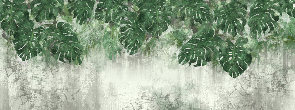 topical leaves hanging from the top large leaves art drawing on a texture background photo wallpaper in the room © Viktorious_Art