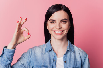 Portrait of cheerful pretty girl showing okay sign alright gesture standing pleased against pink background