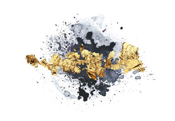 Black, gold Art Watercolor flow blot with drops splash. Abstract texture color stain on white background.