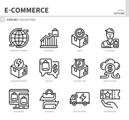 e-commerce and online shopping icon set,outline style,vector and illustration