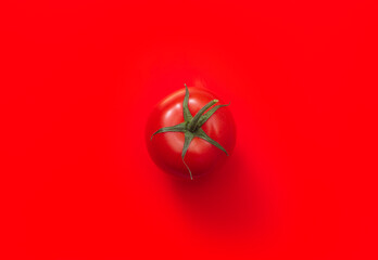 red juicy farm tomato on a red background