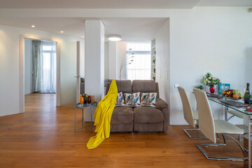 Modern studio apartment interior. Cozy sofa. Table is set. Wooden floor. White walls.