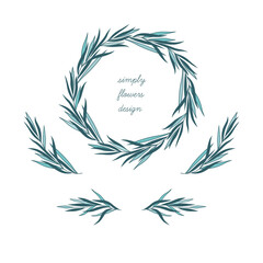 Collection of blue hand drawn wreath and branches.