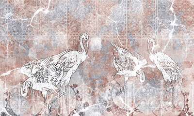 Fototapety  drawn art cranes birds and textured background wall murals in the room