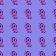 Cute violet coffin vector halloween seamless pattern on a violet background