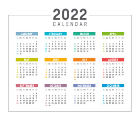 Colorful year 2022 calendar isolated on white background. Week starts Sunday. Vector template.