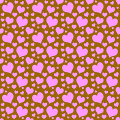 Seamless pink cute heart pattern on brown background.