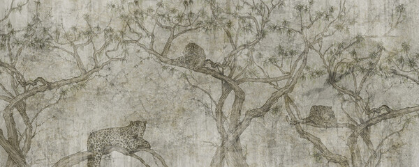 leopards on trees with a textured background, elements of shabby, photo wallpaper, vintage style to the room