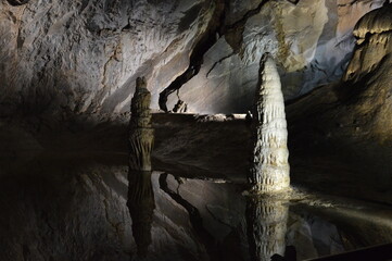 Bielianska Cave (Slovakia), underground lake with stalagmites