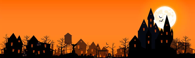 Sierkussen Illustration for the holiday of halloween 2021. Panorama of a sinister village. Halloween panorama with castle, cemetery and abandoned village. Vector illustration. © SlowMotionSky