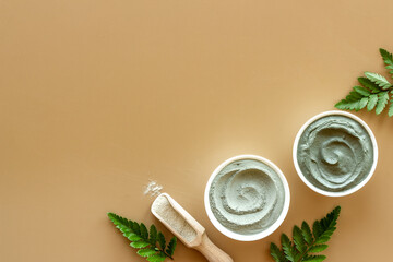 Body care clay cosmetic - powder and mask. Top view