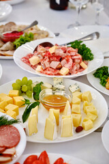Honey and cheeses on a white plate.  Camembert, parmesan, brie cheese, grape, honey in whate plate