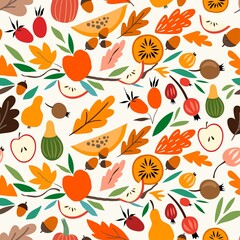 Fototapeta na wymiar Decorative abstract autumnal seamless pattern, seasonal cut out elements