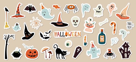 Naklejka na ściany i meble Halloween stickers collection with different seasonal elements, big collection isolated, vector design
