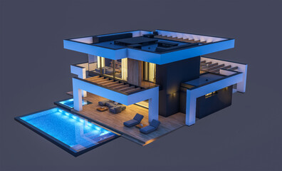 3d rendering of modern cozy house with pool and parking for sale or rent in luxurious style. In the night. Isolated on black.