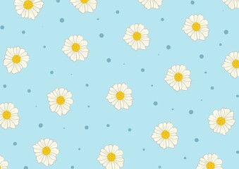 Pattern of white daisies with circles on a blue background. Spring flowers. bright flowers